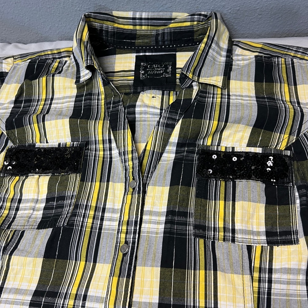 Cato Yellow Black Plaid Button Up Top Sequin Pockets Long Sleeve Shirt 22/24W